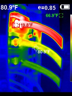 Infrared thermal image of a conduit run reading 119.8°F at its hottest point