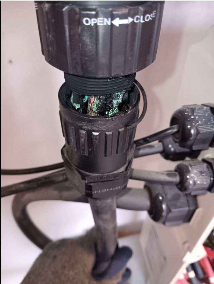 Cable gland connector showing green corrosion on the conductor inside